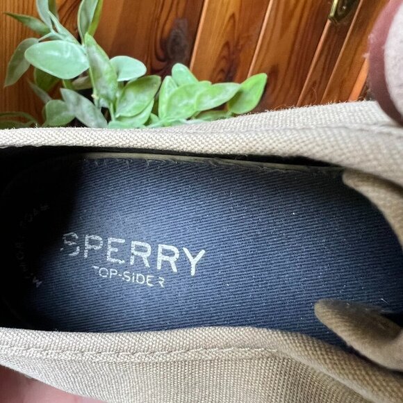 WOMEN'S SPERRY TOP SIDER BOAT SHOES KHAKI CANVAS  LEATHER SHOE STRINGS SZ 7.5 M - Picture 5 of 13